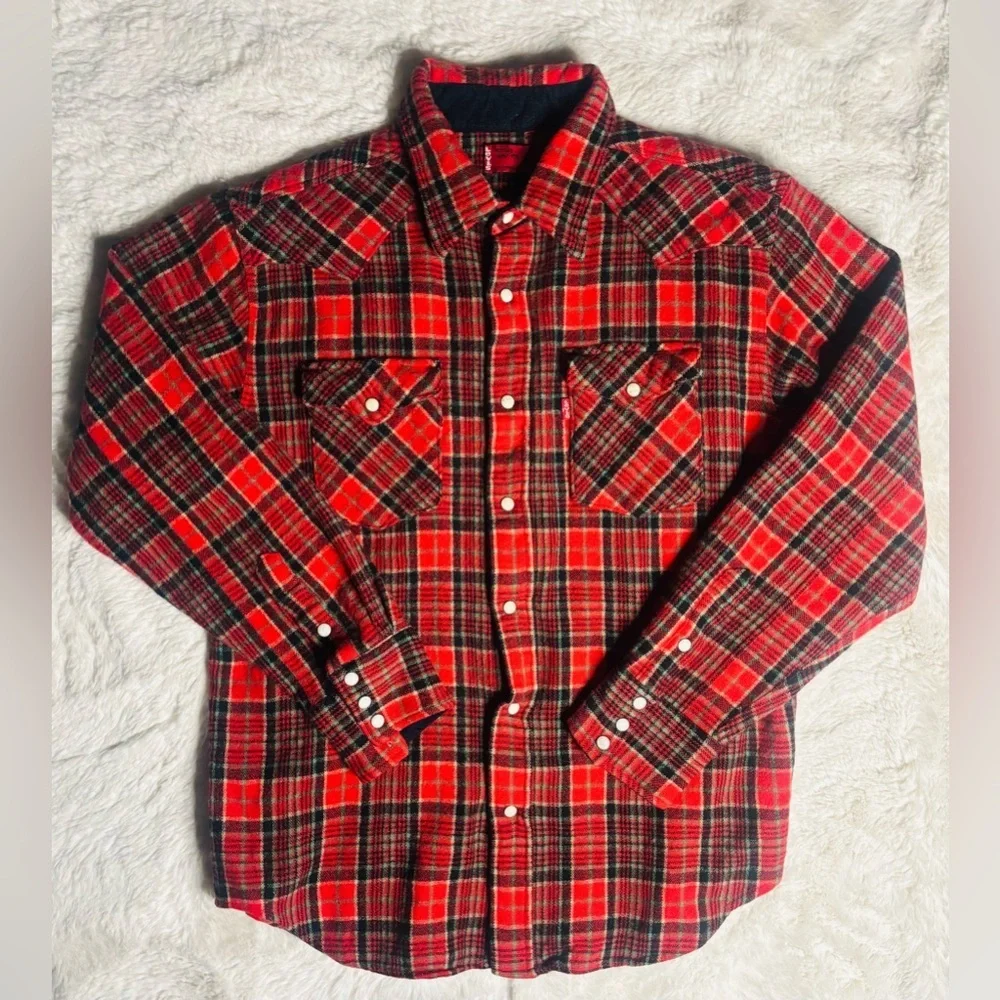 Levi’s Red Tab Red Plaid Wool Snap Button Long Sleeve Flannel Shirt Size: Large